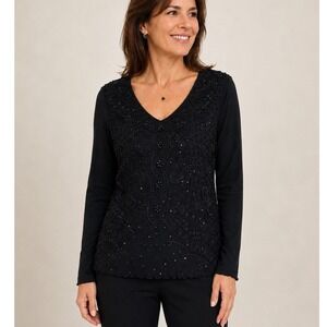 Valenti Womens‎ Black Soutache Sequin Beaded V-Neck Top Long Sleeve Size M